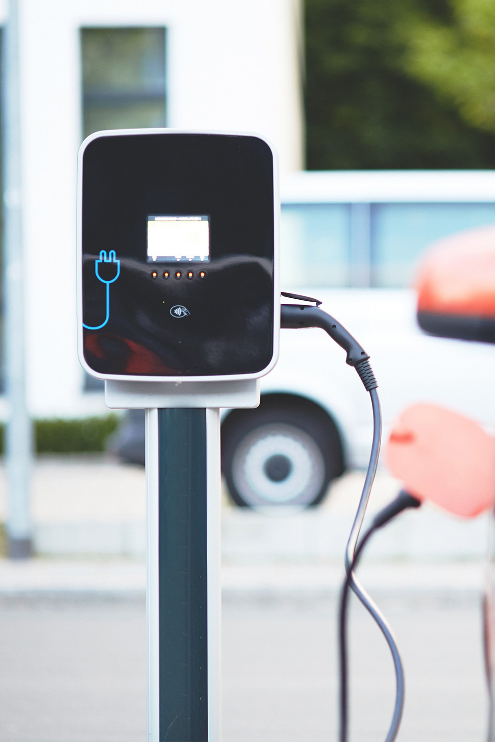 Electric car charging station in a city